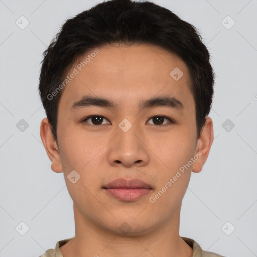 Neutral asian young-adult male with short  black hair and brown eyes