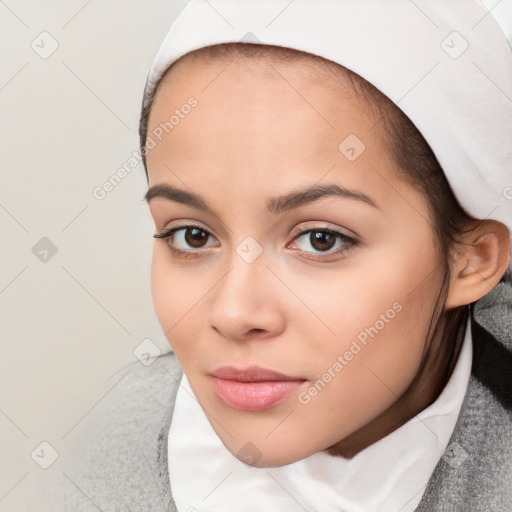 Neutral white young-adult female with short  brown hair and brown eyes