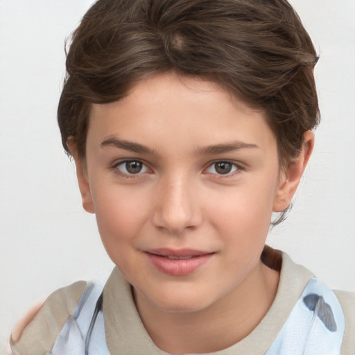 Joyful white child female with short  brown hair and brown eyes