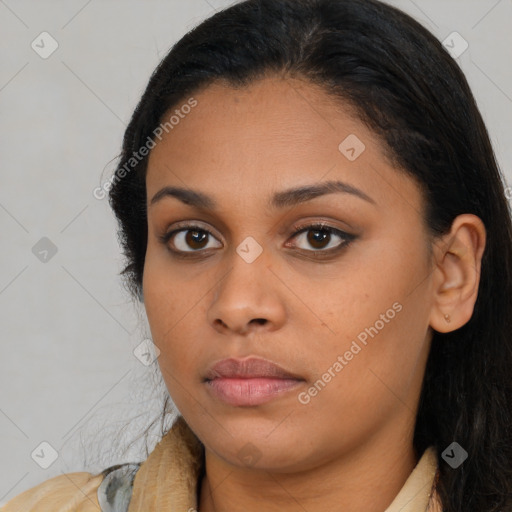 Neutral latino young-adult female with long  brown hair and brown eyes