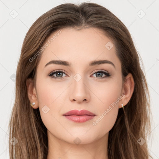 Neutral white young-adult female with long  brown hair and brown eyes