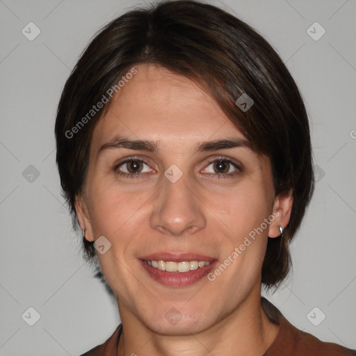 Joyful white young-adult female with medium  brown hair and brown eyes