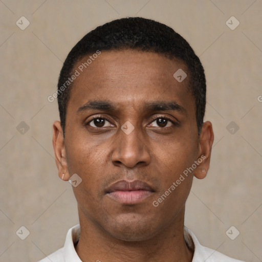 Neutral black young-adult male with short  black hair and brown eyes