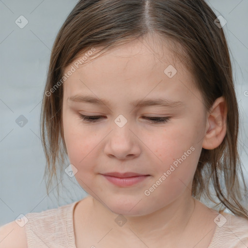 Joyful white child female with medium  brown hair and brown eyes