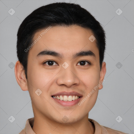 Joyful white young-adult male with short  brown hair and brown eyes