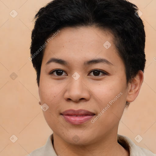 Joyful white young-adult female with short  brown hair and brown eyes