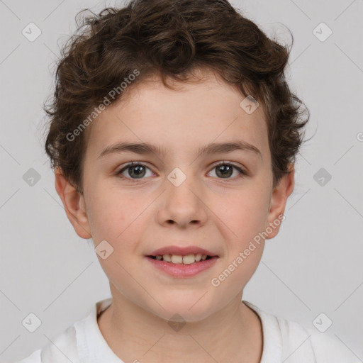 Joyful white child female with short  brown hair and brown eyes