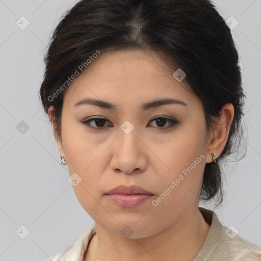 Neutral asian young-adult female with medium  brown hair and brown eyes