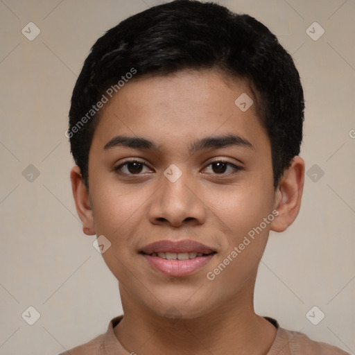 Joyful latino young-adult female with short  black hair and brown eyes