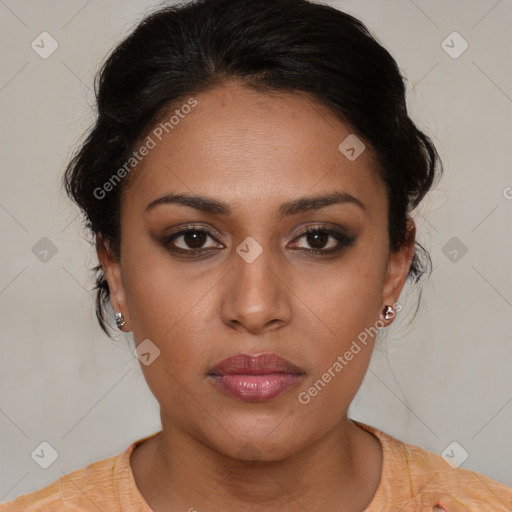 Neutral black young-adult female with medium  brown hair and brown eyes