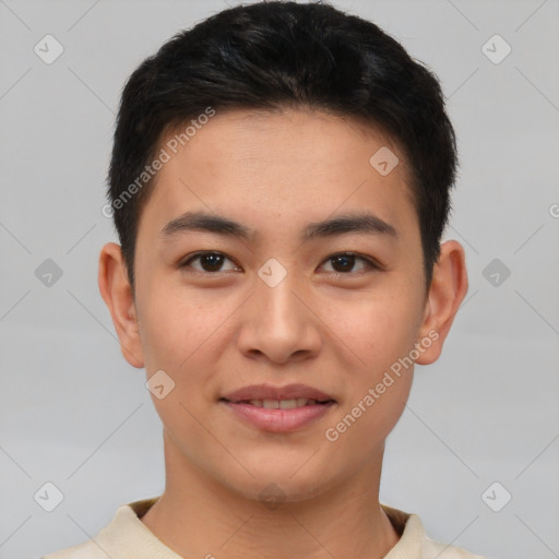 Joyful asian young-adult male with short  brown hair and brown eyes