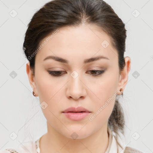 Neutral white young-adult female with medium  brown hair and brown eyes