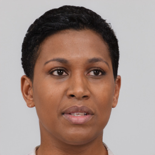 Neutral black young-adult female with short  brown hair and brown eyes