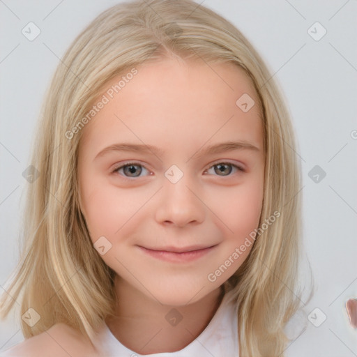 Joyful white child female with medium  brown hair and blue eyes