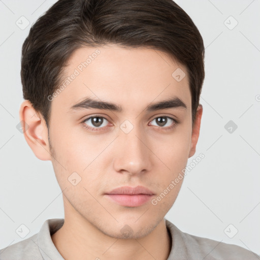 Neutral white young-adult male with short  brown hair and brown eyes