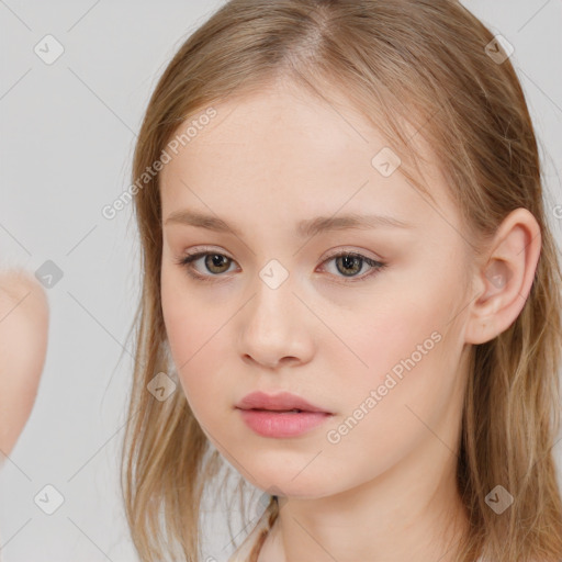 Neutral white young-adult female with long  brown hair and blue eyes