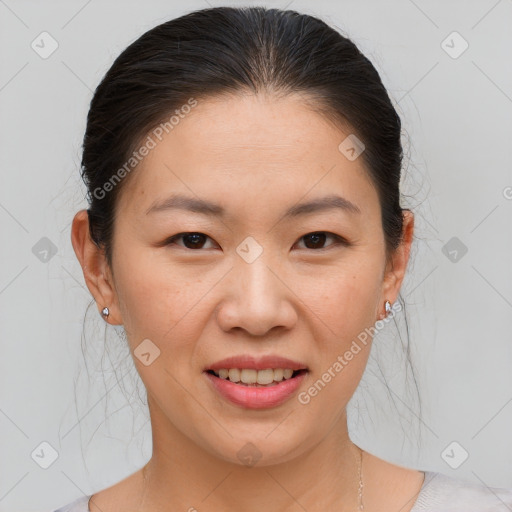 Joyful white young-adult female with medium  brown hair and brown eyes