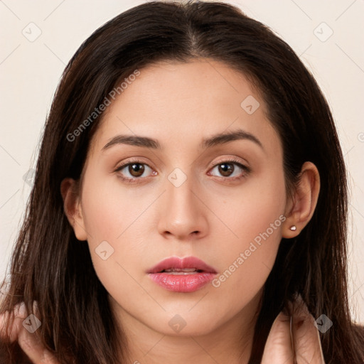 Neutral white young-adult female with long  brown hair and brown eyes