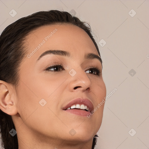 Neutral white young-adult female with medium  brown hair and brown eyes