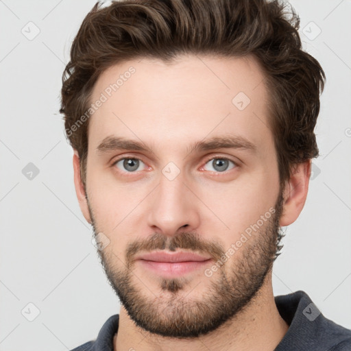 Neutral white young-adult male with short  brown hair and grey eyes