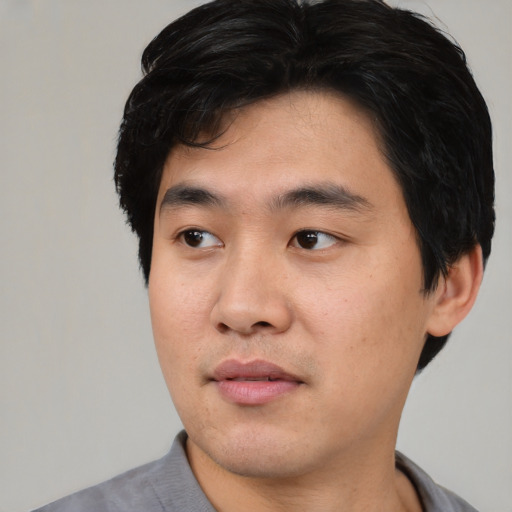 Neutral asian young-adult male with short  black hair and brown eyes