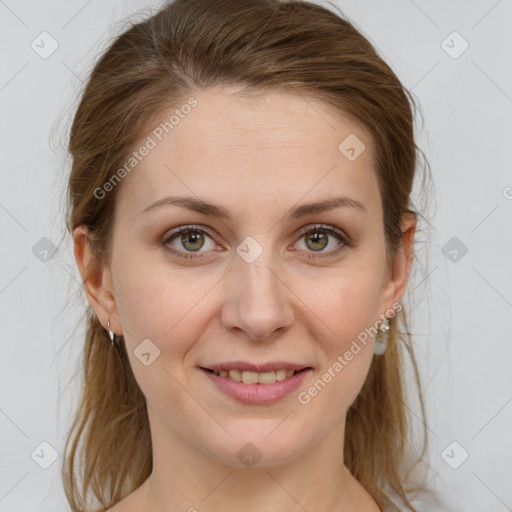 Joyful white young-adult female with medium  brown hair and grey eyes