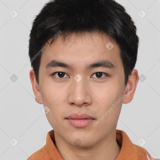 Neutral asian young-adult male with short  brown hair and brown eyes