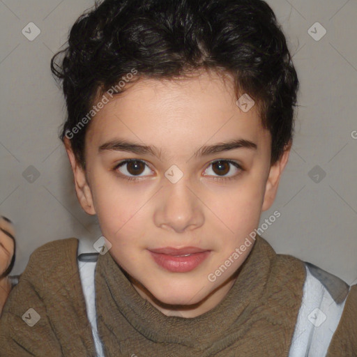 Joyful white child female with medium  brown hair and brown eyes