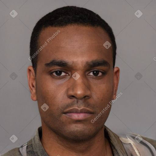 Neutral latino young-adult male with short  black hair and brown eyes