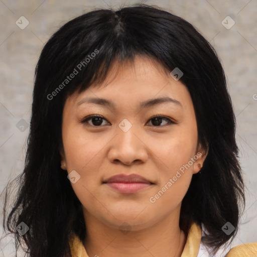 Joyful asian young-adult female with medium  brown hair and brown eyes