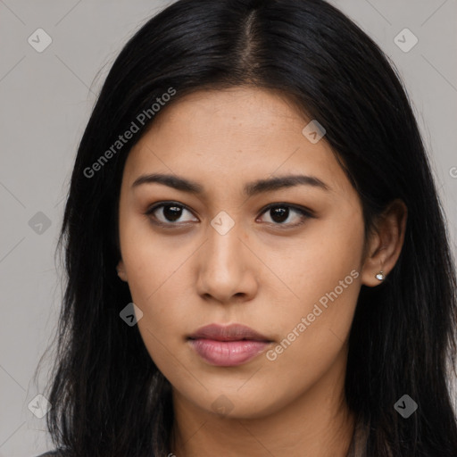 Neutral latino young-adult female with long  black hair and brown eyes