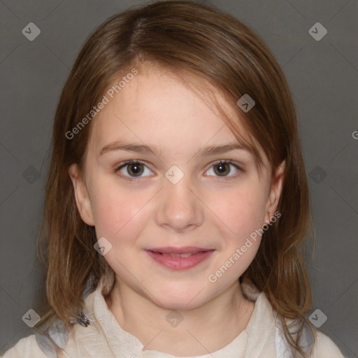 Joyful white child female with medium  brown hair and brown eyes