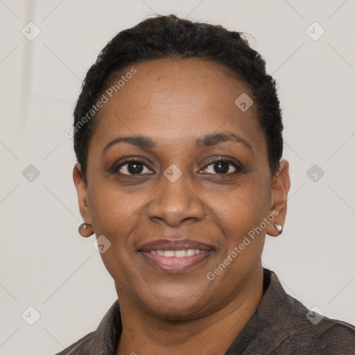 Joyful black adult female with short  black hair and brown eyes