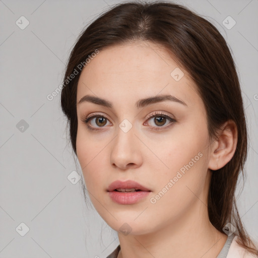 Neutral white young-adult female with medium  brown hair and brown eyes