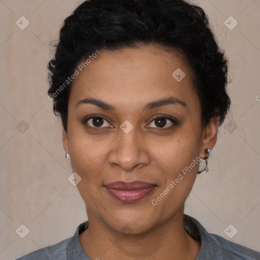 Joyful latino young-adult female with short  black hair and brown eyes