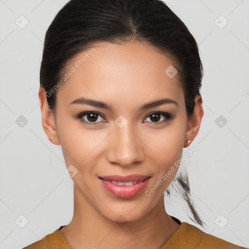 Joyful latino young-adult female with short  brown hair and brown eyes