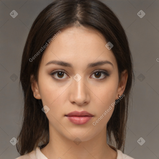 Neutral white young-adult female with medium  brown hair and brown eyes