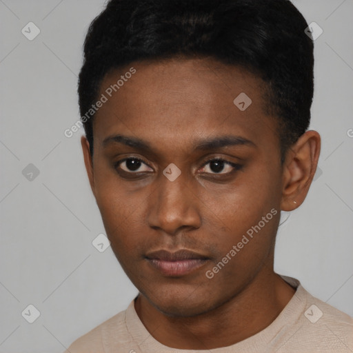 Neutral black young-adult male with short  black hair and brown eyes