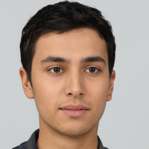 Neutral asian young-adult male with short  brown hair and brown eyes