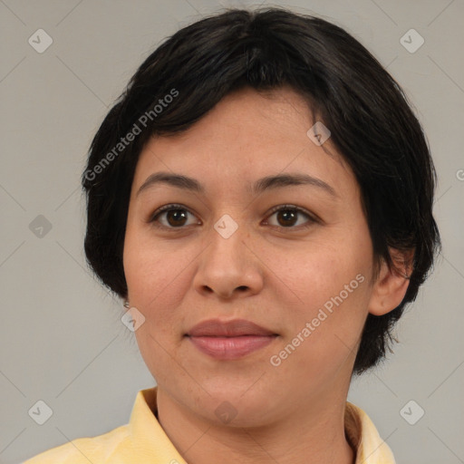 Joyful white adult female with medium  brown hair and brown eyes