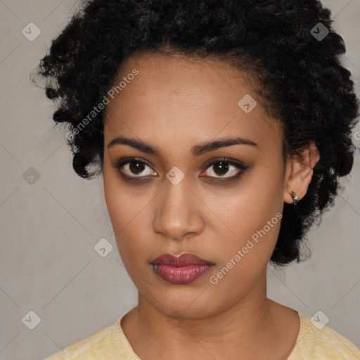 Neutral black young-adult female with short  black hair and brown eyes