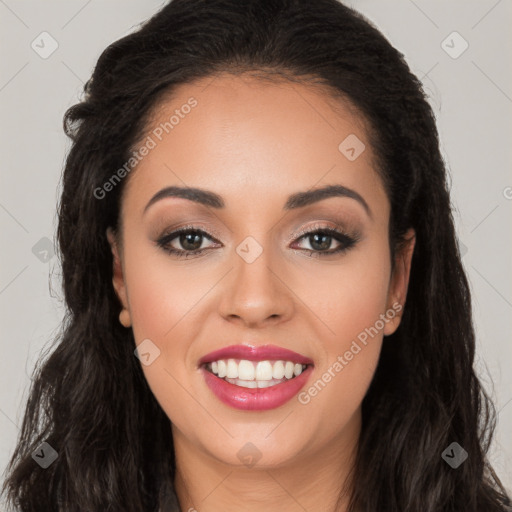 Joyful white young-adult female with long  black hair and brown eyes