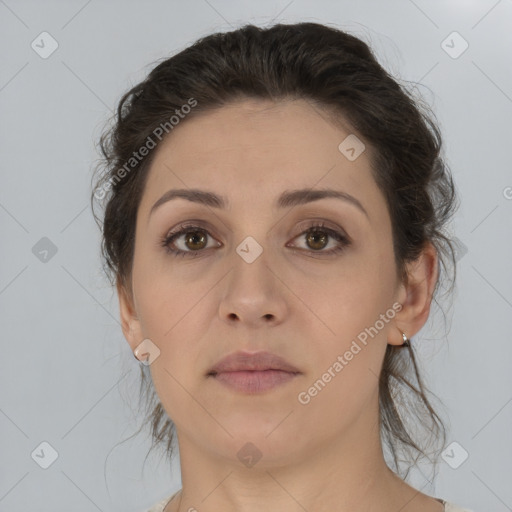 Neutral white young-adult female with medium  brown hair and brown eyes