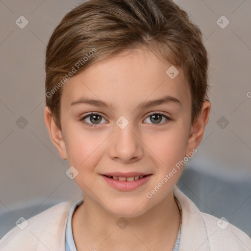 Joyful white child female with short  brown hair and brown eyes