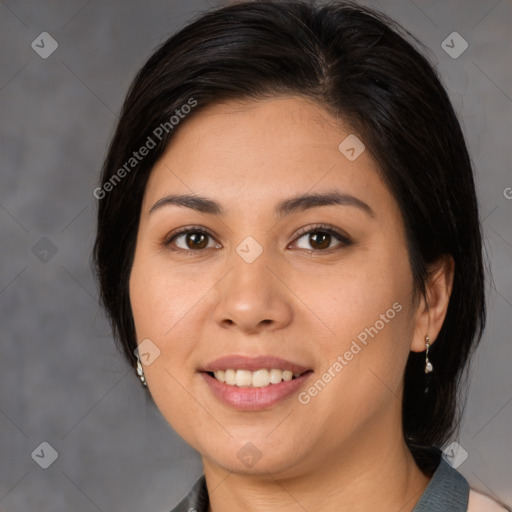 Joyful white young-adult female with medium  brown hair and brown eyes