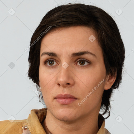 Neutral white young-adult female with medium  brown hair and brown eyes