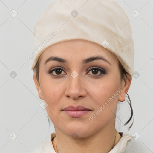 Joyful white young-adult female with medium  black hair and brown eyes