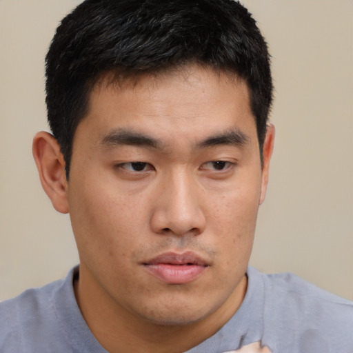 Neutral asian young-adult male with short  brown hair and brown eyes
