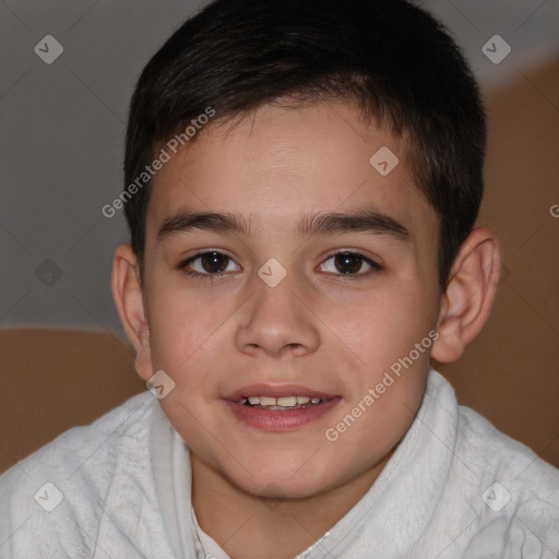 Joyful white child male with short  brown hair and brown eyes