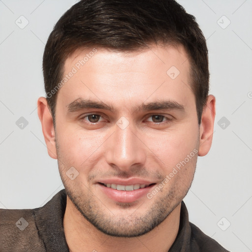 Joyful white young-adult male with short  brown hair and brown eyes